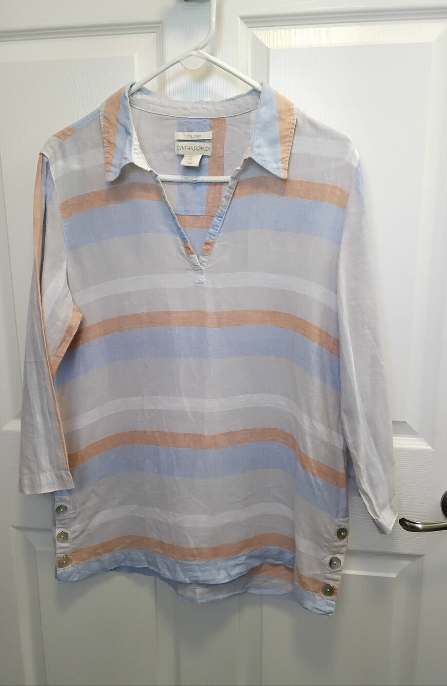 Cynthia Rowley Striped 100% Linen Shirt in Blue,‎ Tan & White Size M